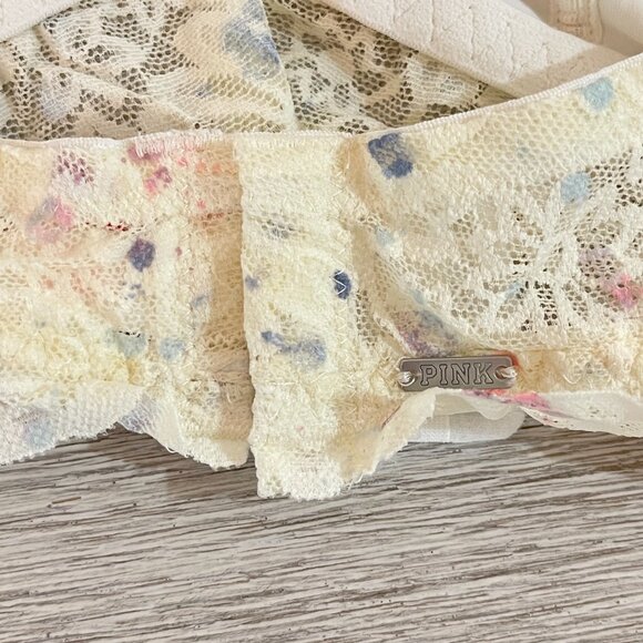 New Victoria's Secret Halter Bra Bralette Medium Ivory Lace Pink Blue Dot NWT - Picture 4 of 9